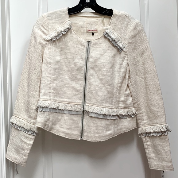 Rebecca Taylor Tweed Look Cotton Fray Fringe Raw Edge Leather Blazer Jacket Sz 6 - Picture 8 of 16